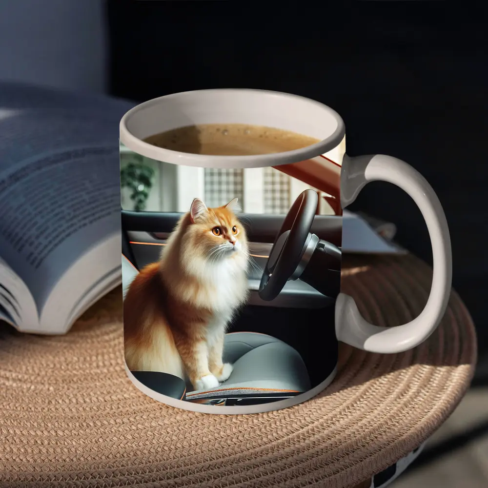 Orange Fluffy Cat Inside Tesla Car Interior – Mugs