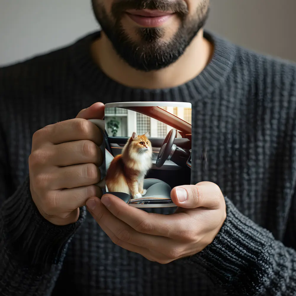 Orange Fluffy Cat Inside Tesla Car Interior – Mugs