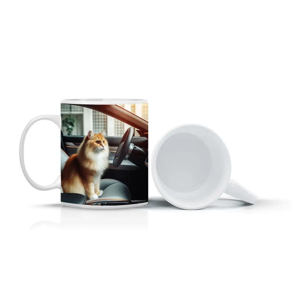Orange Fluffy Cat Inside Tesla Car Interior – Mugs