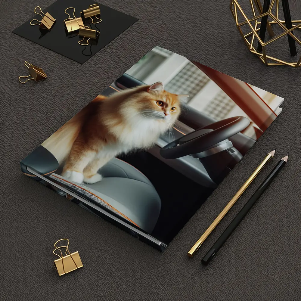 Orange Fluffy Cat Inside Tesla Car Interior – Notebooks