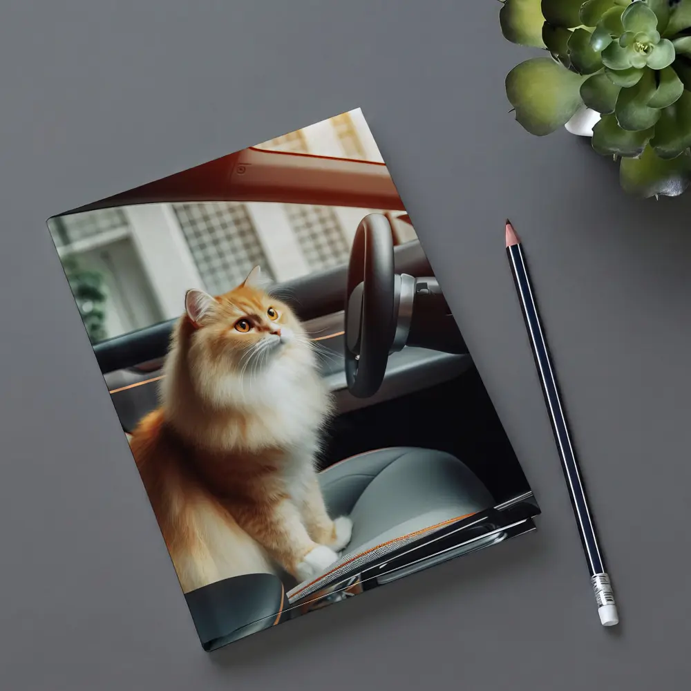 Orange Fluffy Cat Inside Tesla Car Interior – Notebooks