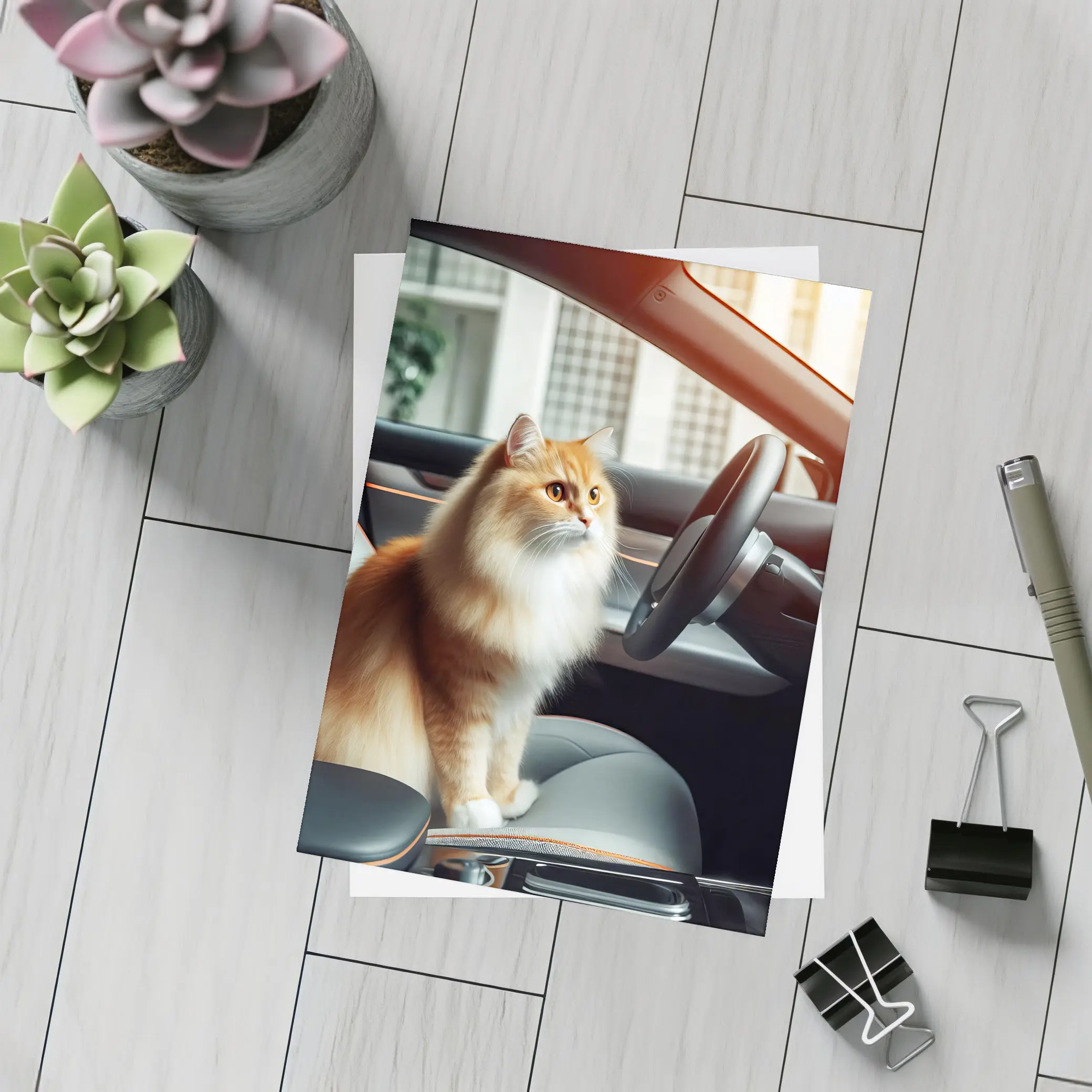 Orange Fluffy Cat Inside Tesla Car Interior – Postcards
