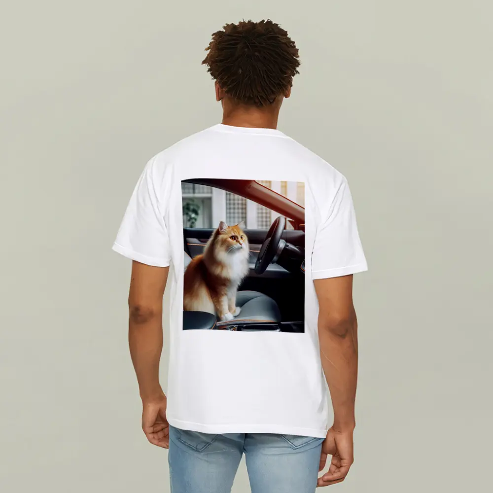 Orange Fluffy Cat Inside Tesla Car Interior – T-Shirts