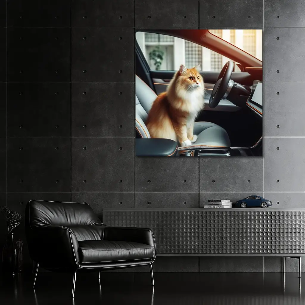 Orange Fluffy Cat Inside Tesla Car Interior – Wall Art