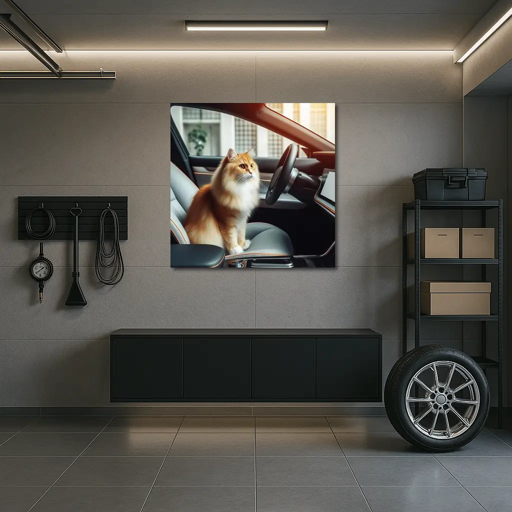Orange Fluffy Cat Inside Tesla Car Interior – Wall Art
