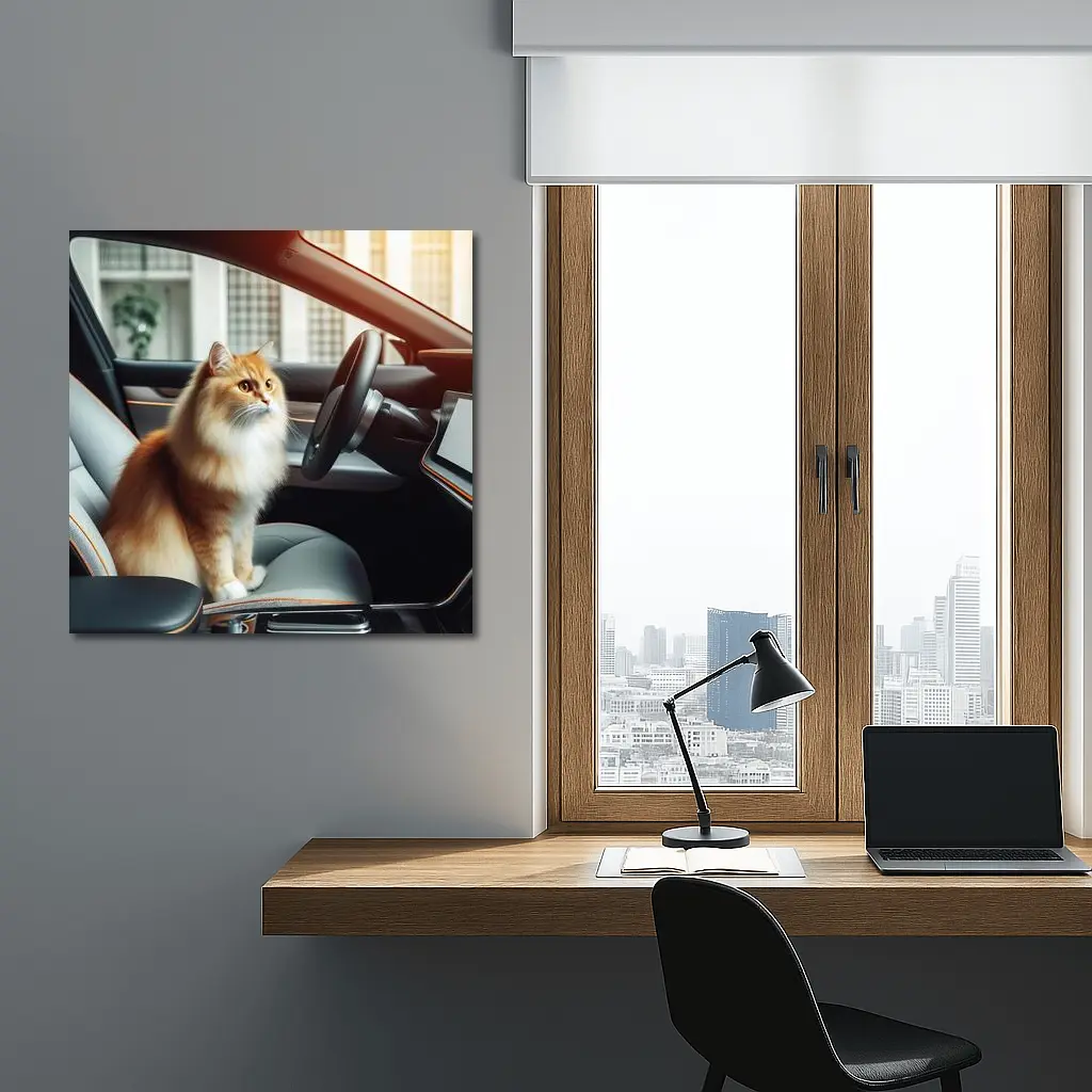Orange Fluffy Cat Inside Tesla Car Interior – Wall Art
