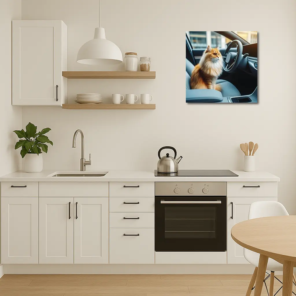 Orange Fluffy Cat Inside Modern Car – Wall Art