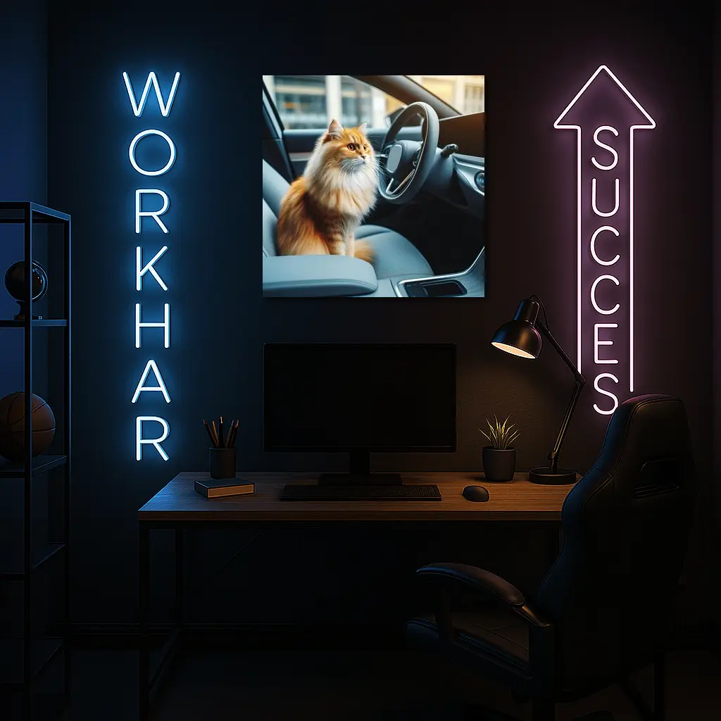 Orange Fluffy Cat Inside Modern Car – Wall Art