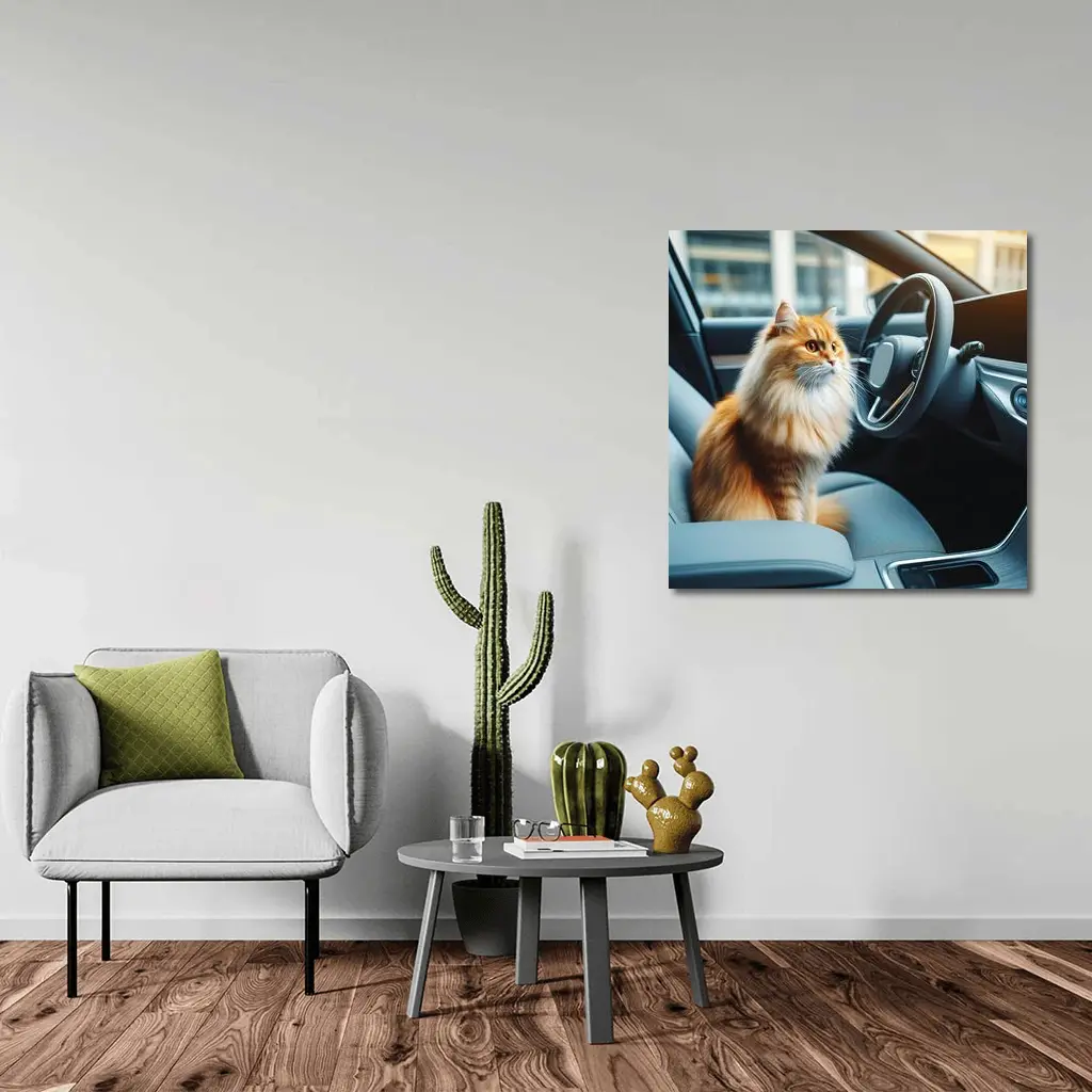 Orange Fluffy Cat Inside Modern Car – Wall Art