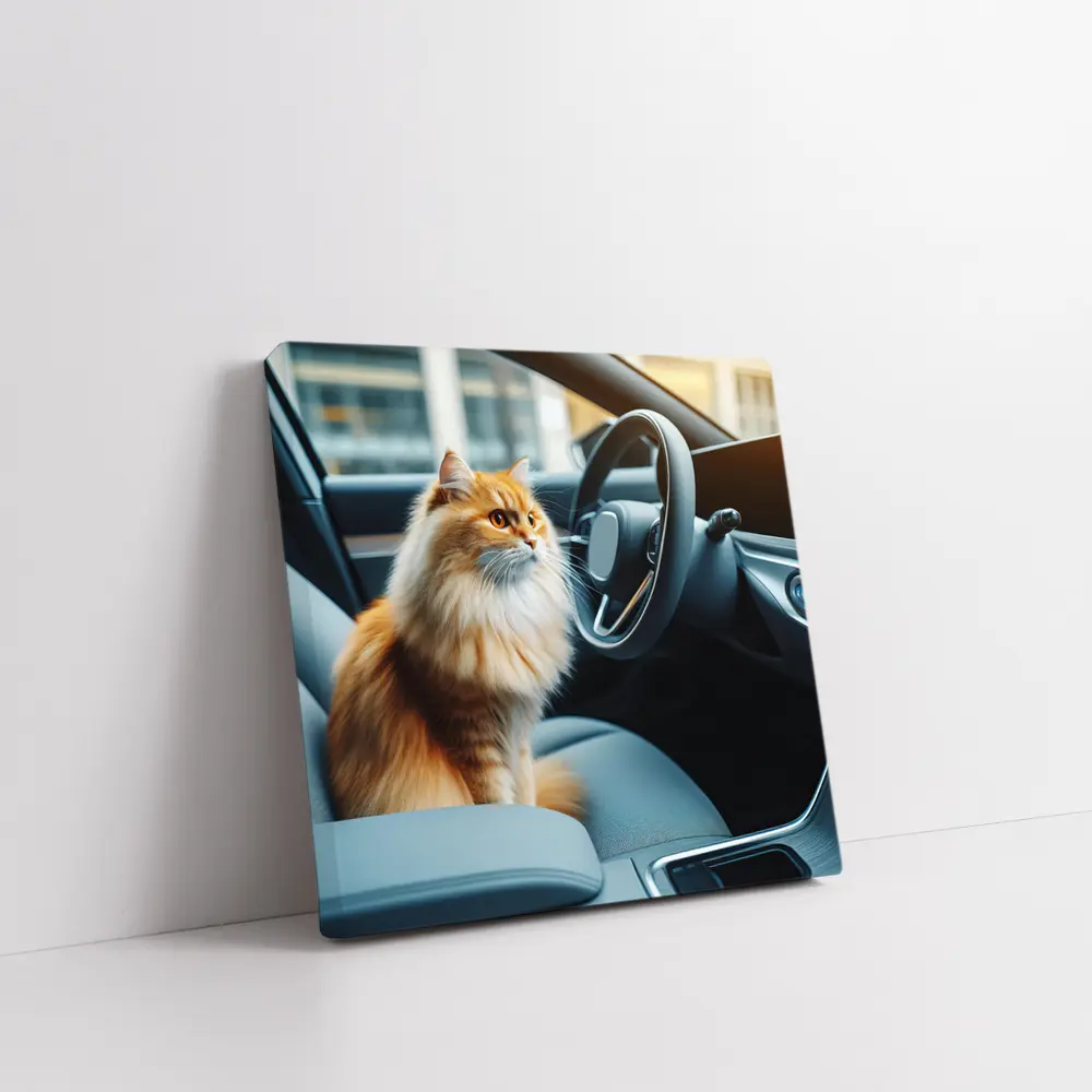 Orange Fluffy Cat Inside Modern Car – Wall Art