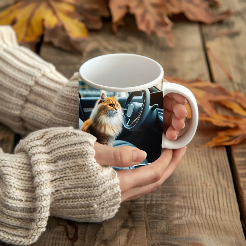 Orange Fluffy Cat Inside Modern Car – Mugs