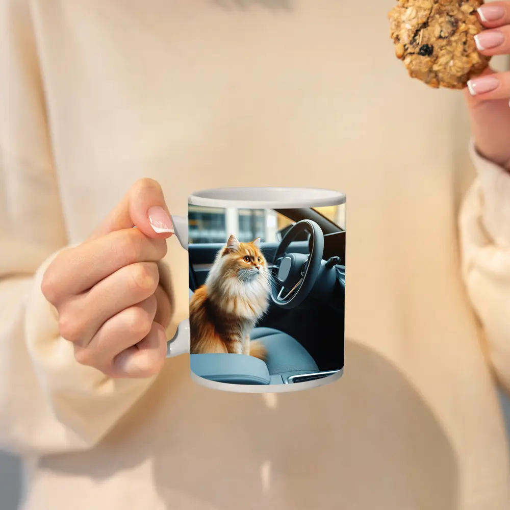 Orange Fluffy Cat Inside Modern Car – Mugs