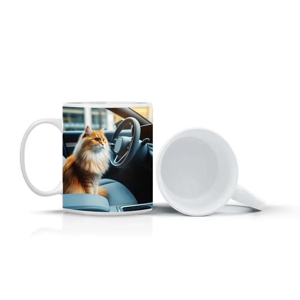 Orange Fluffy Cat Inside Modern Car – Mugs