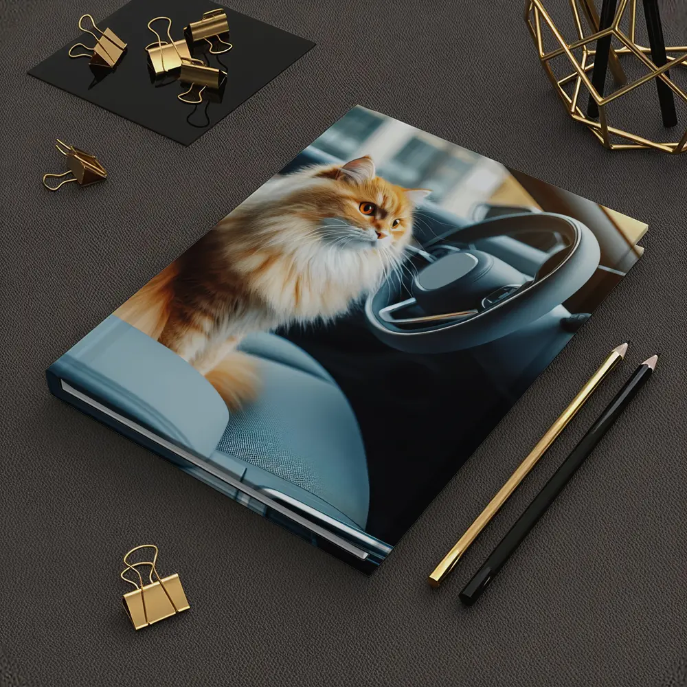 Orange Fluffy Cat Inside Modern Car – Notebooks