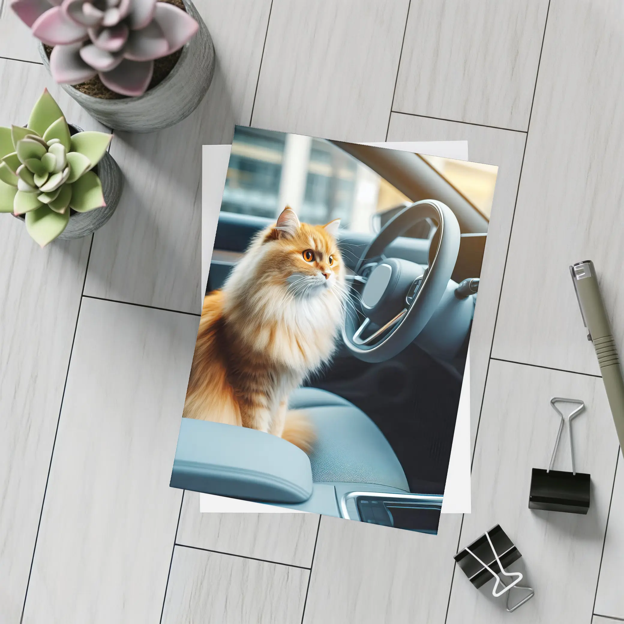 Orange Fluffy Cat Inside Modern Car – Postcards