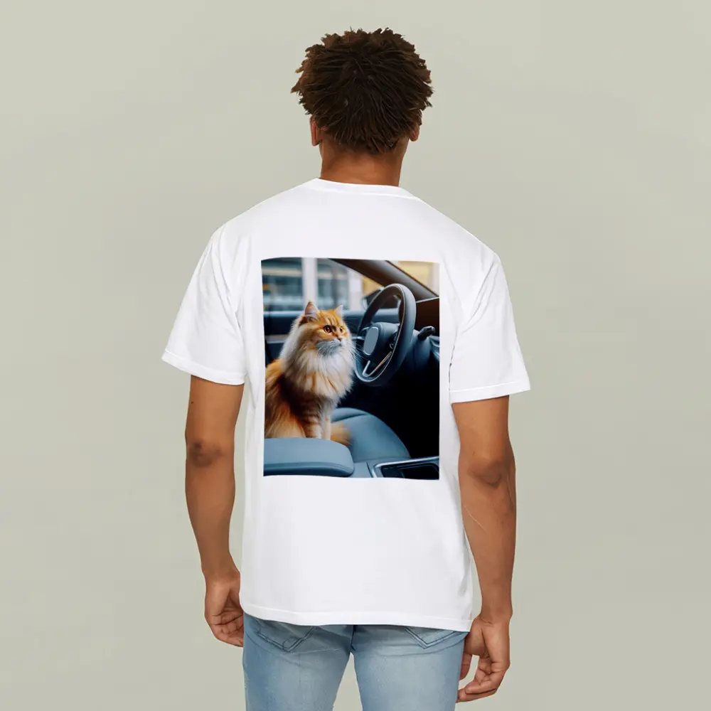 Orange Fluffy Cat Inside Modern Car – T-Shirts