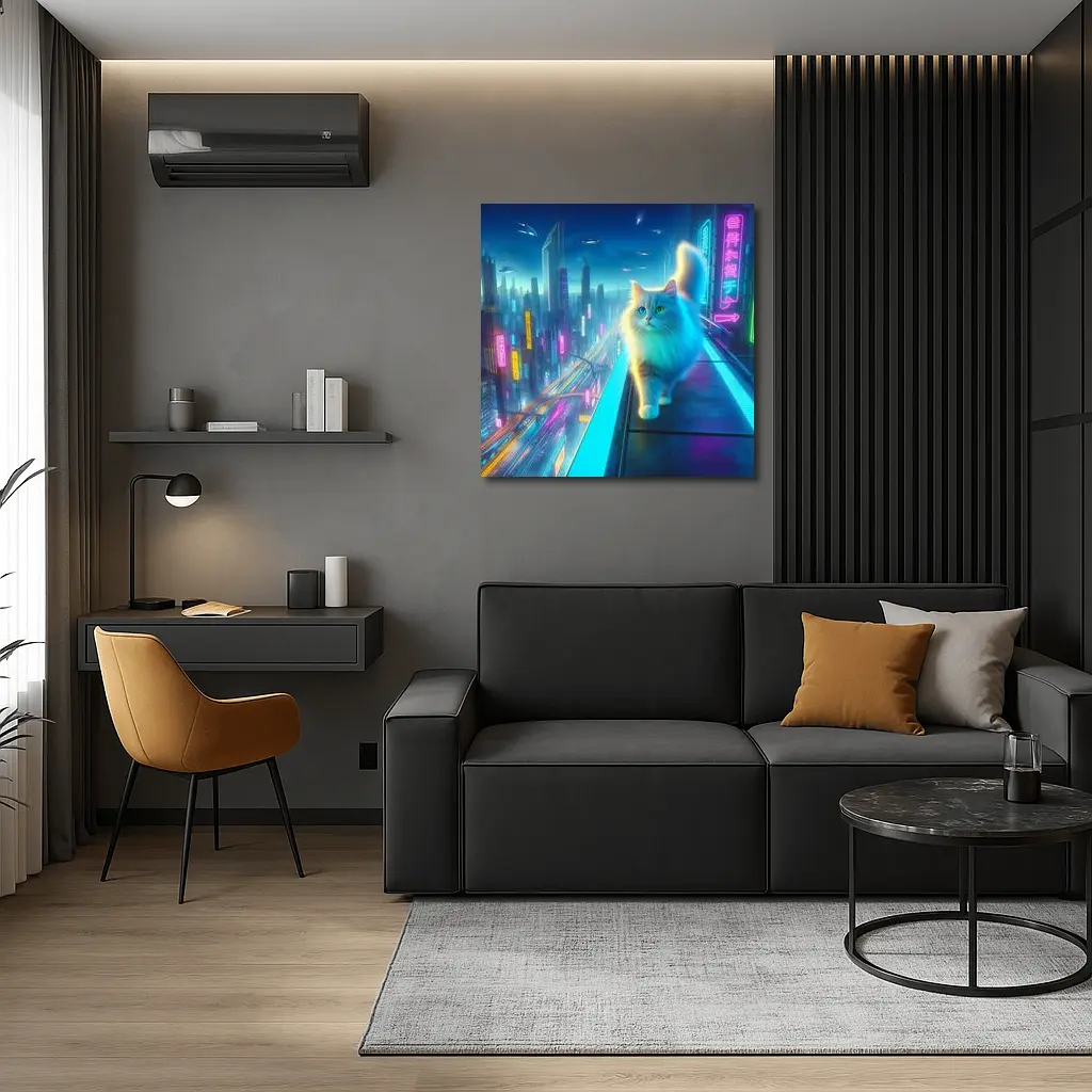 White Cat Neon Cyberpunk Futuristic City – Wall Art