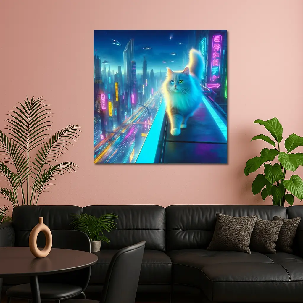 White Cat Neon Cyberpunk Futuristic City – Wall Art