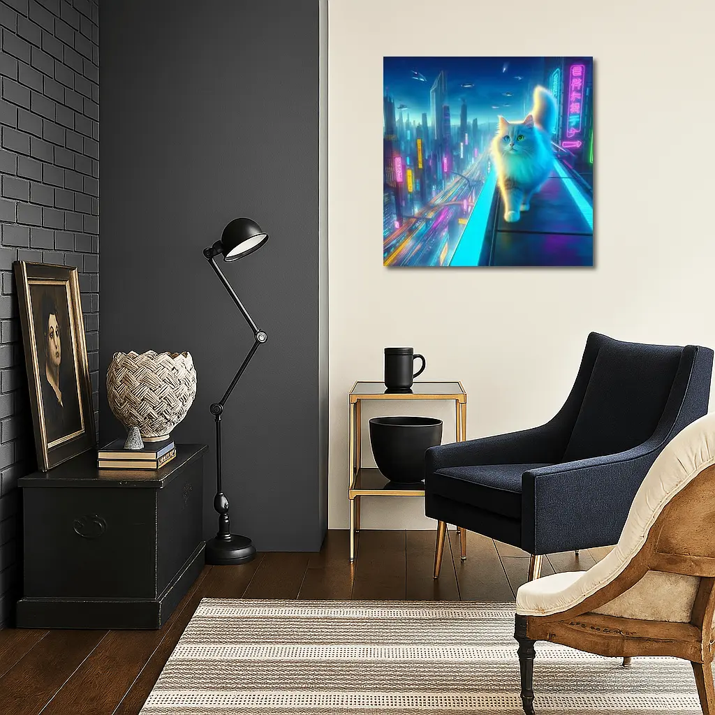 White Cat Neon Cyberpunk Futuristic City – Wall Art
