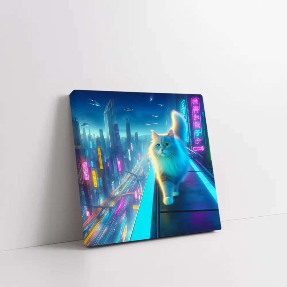 White Cat Neon Cyberpunk Futuristic City – Wall Art