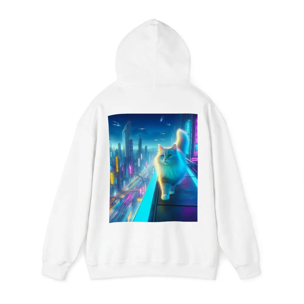 White Cat Neon Cyberpunk Futuristic City – Hoodies