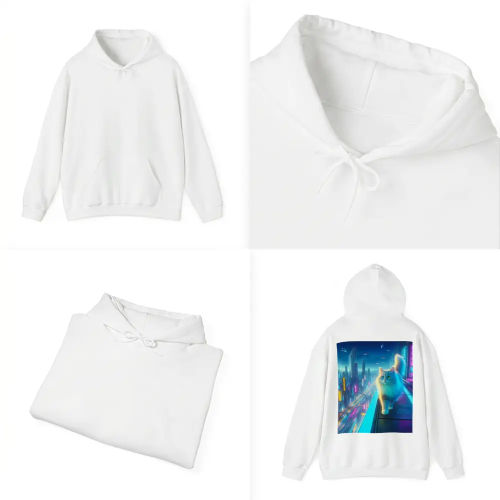 White Cat Neon Cyberpunk Futuristic City – Hoodies