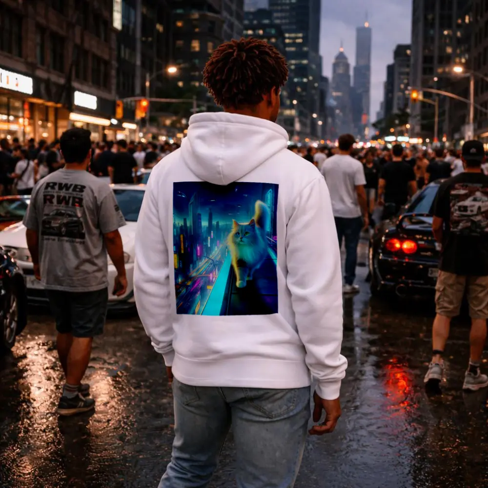 White Cat Neon Cyberpunk Futuristic City – Hoodies