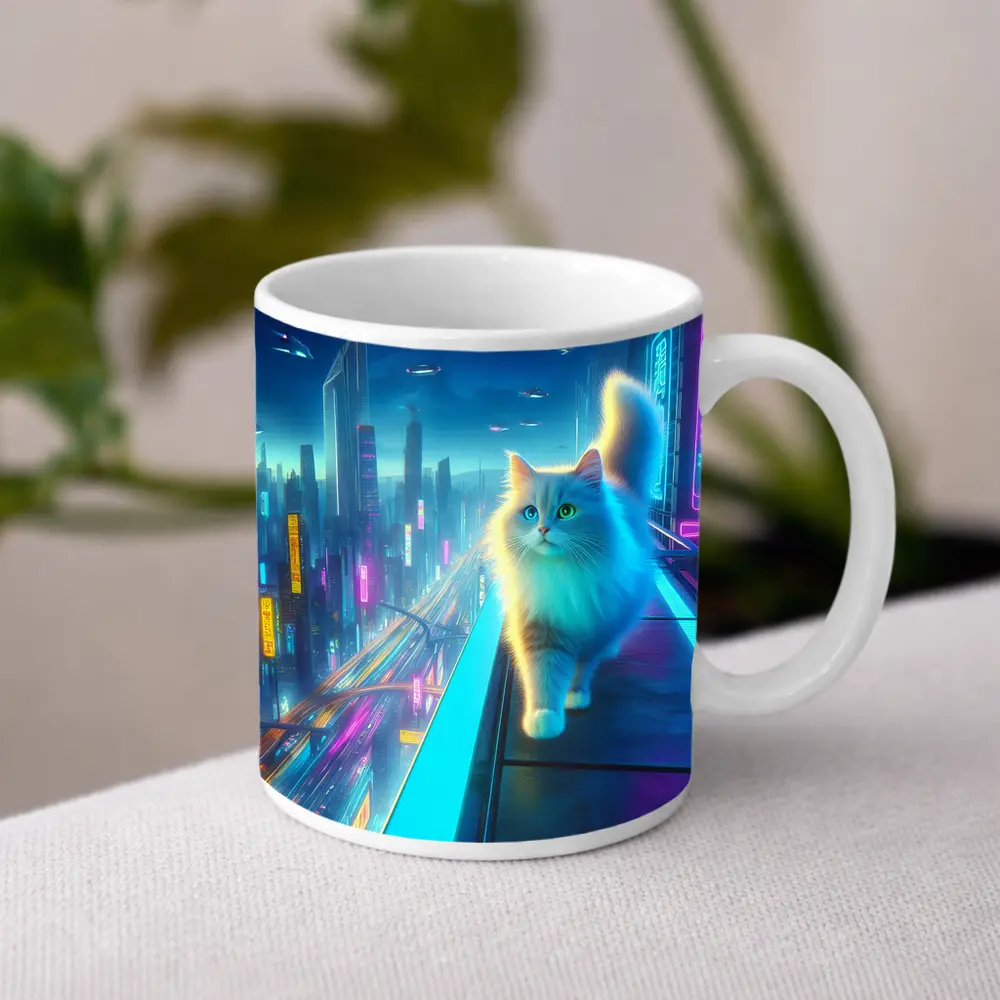White Cat Neon Cyberpunk Futuristic City – Mugs