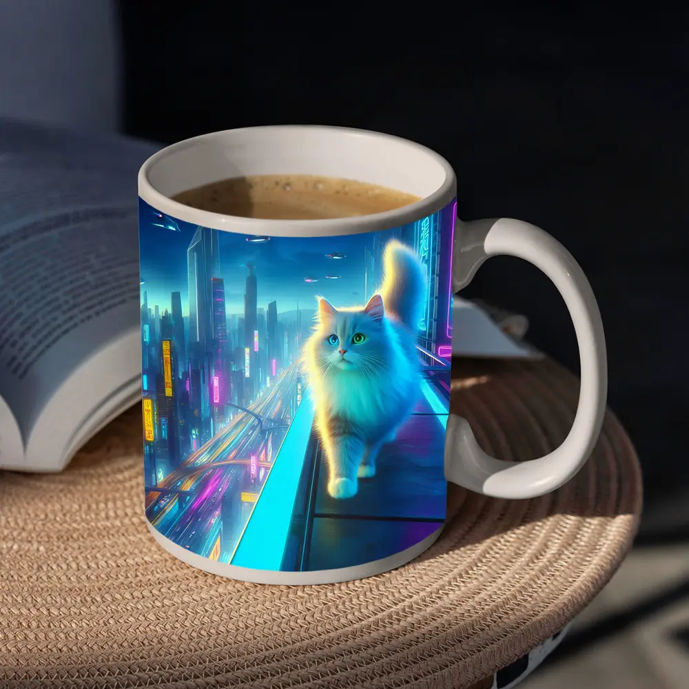 White Cat Neon Cyberpunk Futuristic City – Mugs