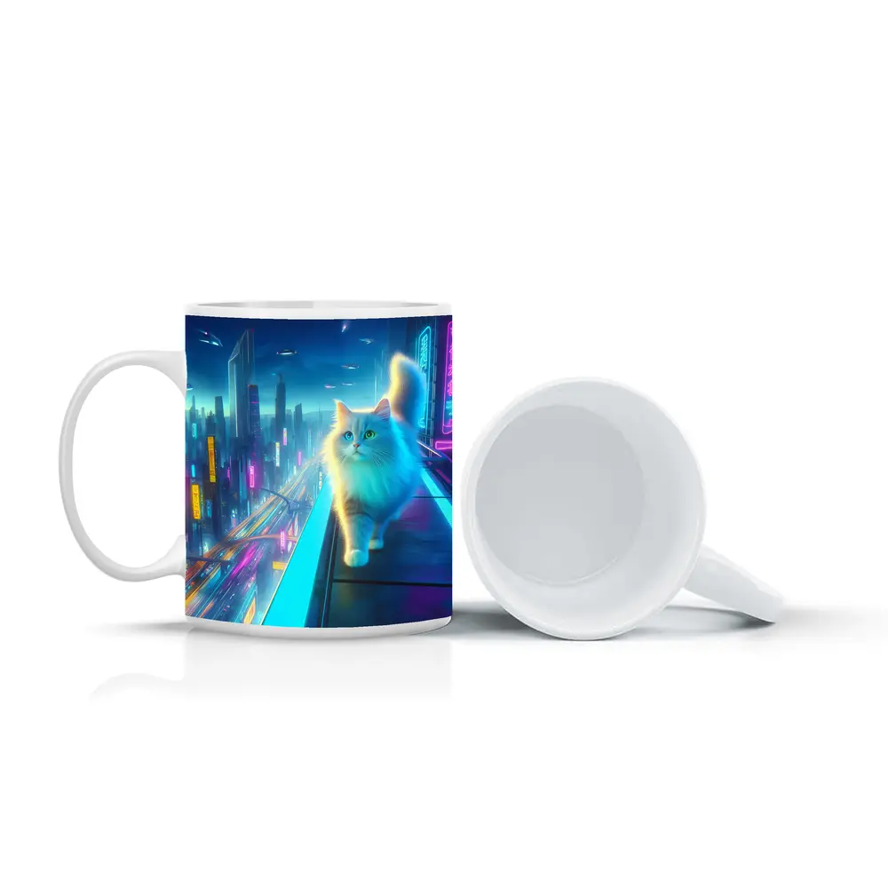 White Cat Neon Cyberpunk Futuristic City – Mugs