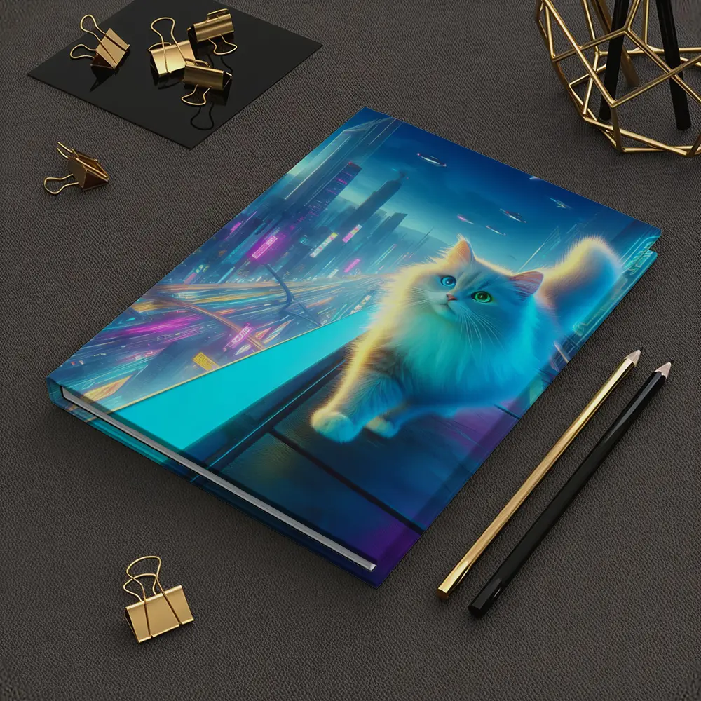 White Cat Neon Cyberpunk Futuristic City – Notebooks