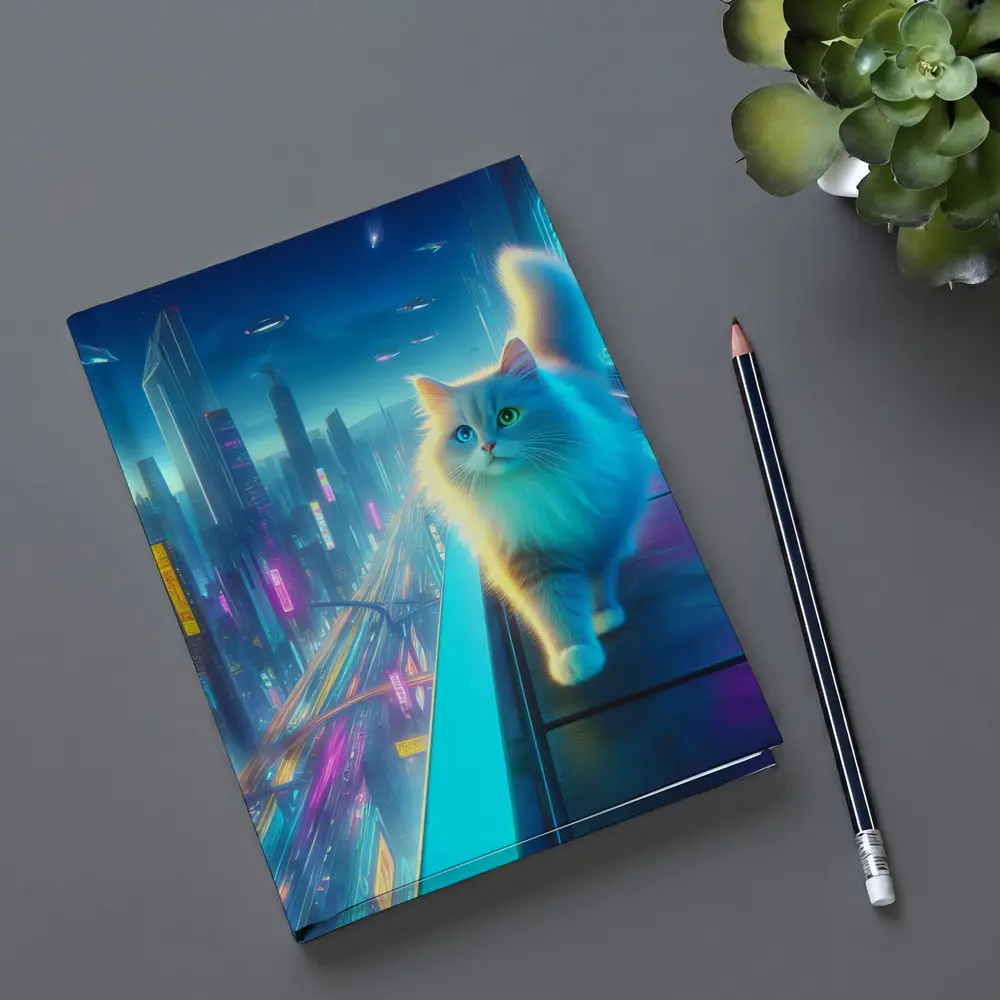 White Cat Neon Cyberpunk Futuristic City – Notebooks
