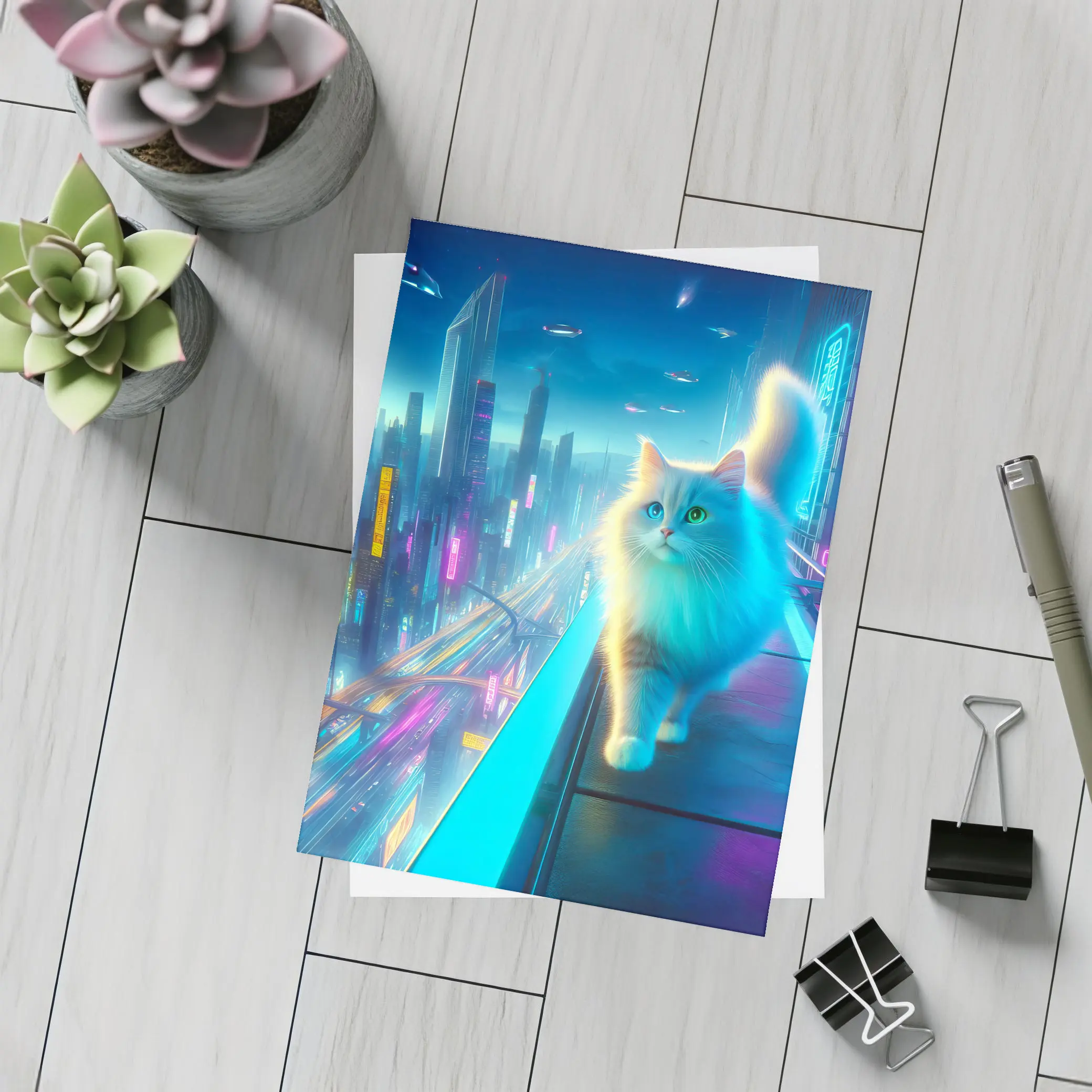 White Cat Neon Cyberpunk Futuristic City – Postcards