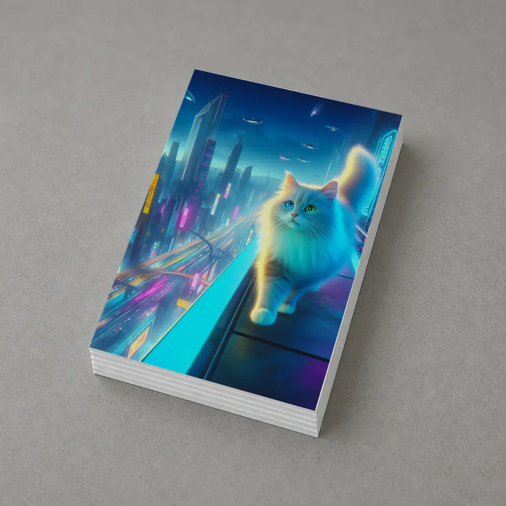 White Cat Neon Cyberpunk Futuristic City – Postcards