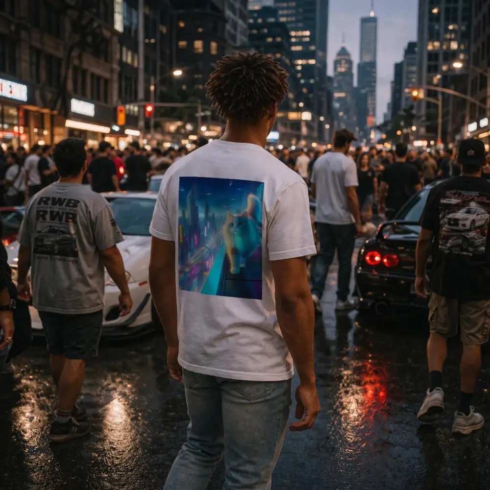 White Cat Neon Cyberpunk Futuristic City – T-Shirts