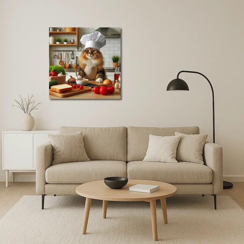 Chef Cat Cooking in Kitchen Setting – Wall Art