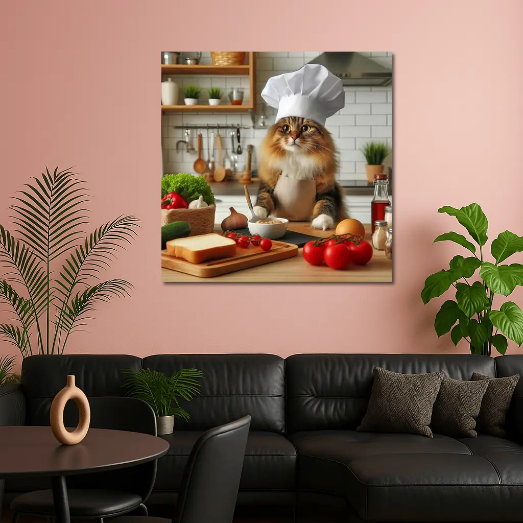 Chef Cat Cooking in Kitchen Setting – Wall Art