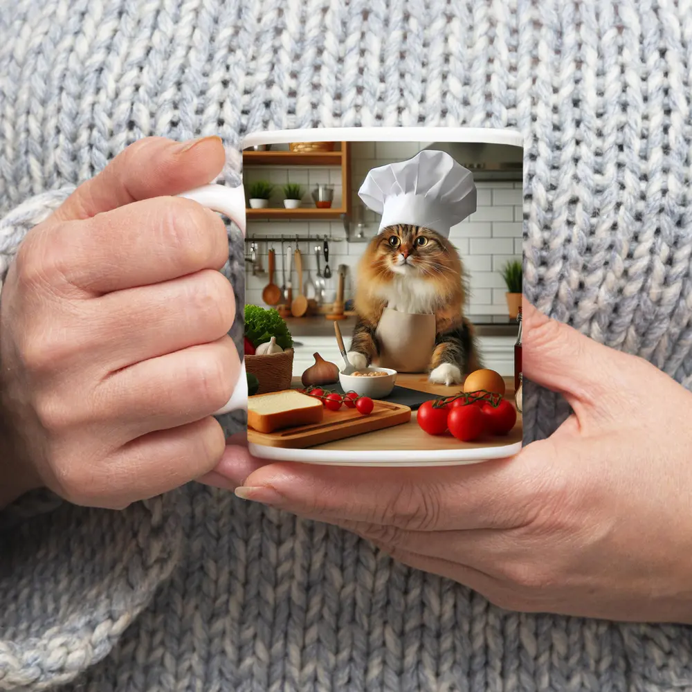 Chef Cat Cooking in Kitchen Setting – Mugs