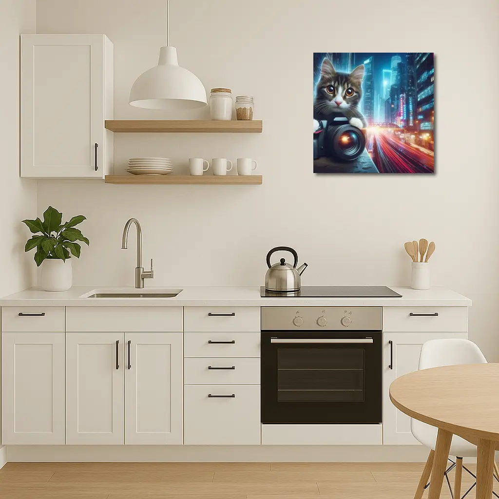 Tabby Cat Photographer Neon City Night – Wall Art