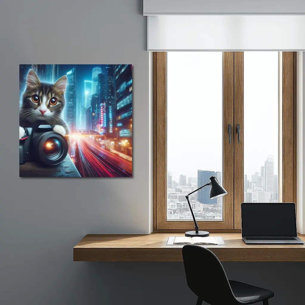 Tabby Cat Photographer Neon City Night – Wall Art