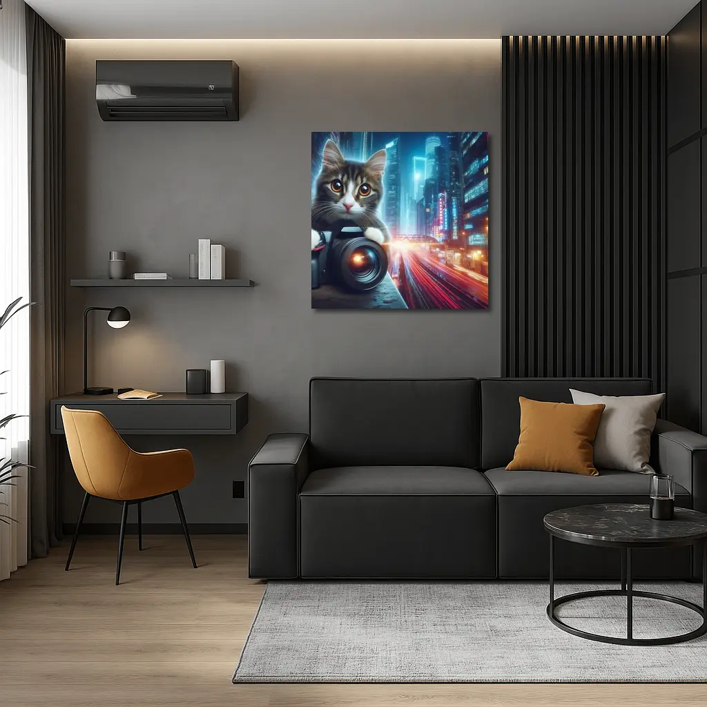 Tabby Cat Photographer Neon City Night – Wall Art