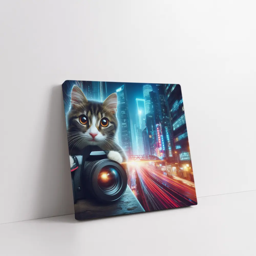Tabby Cat Photographer Neon City Night – Wall Art