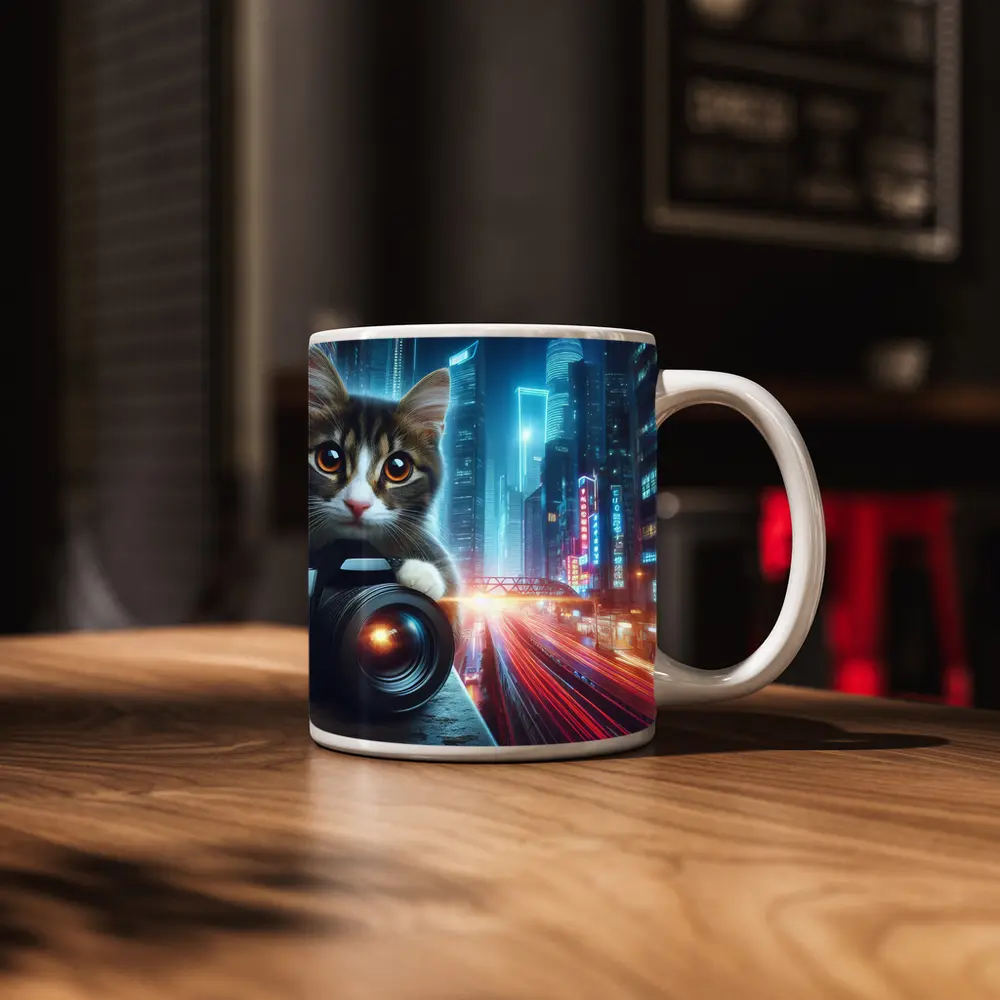 Tabby Cat Photographer Neon City Night – Mugs