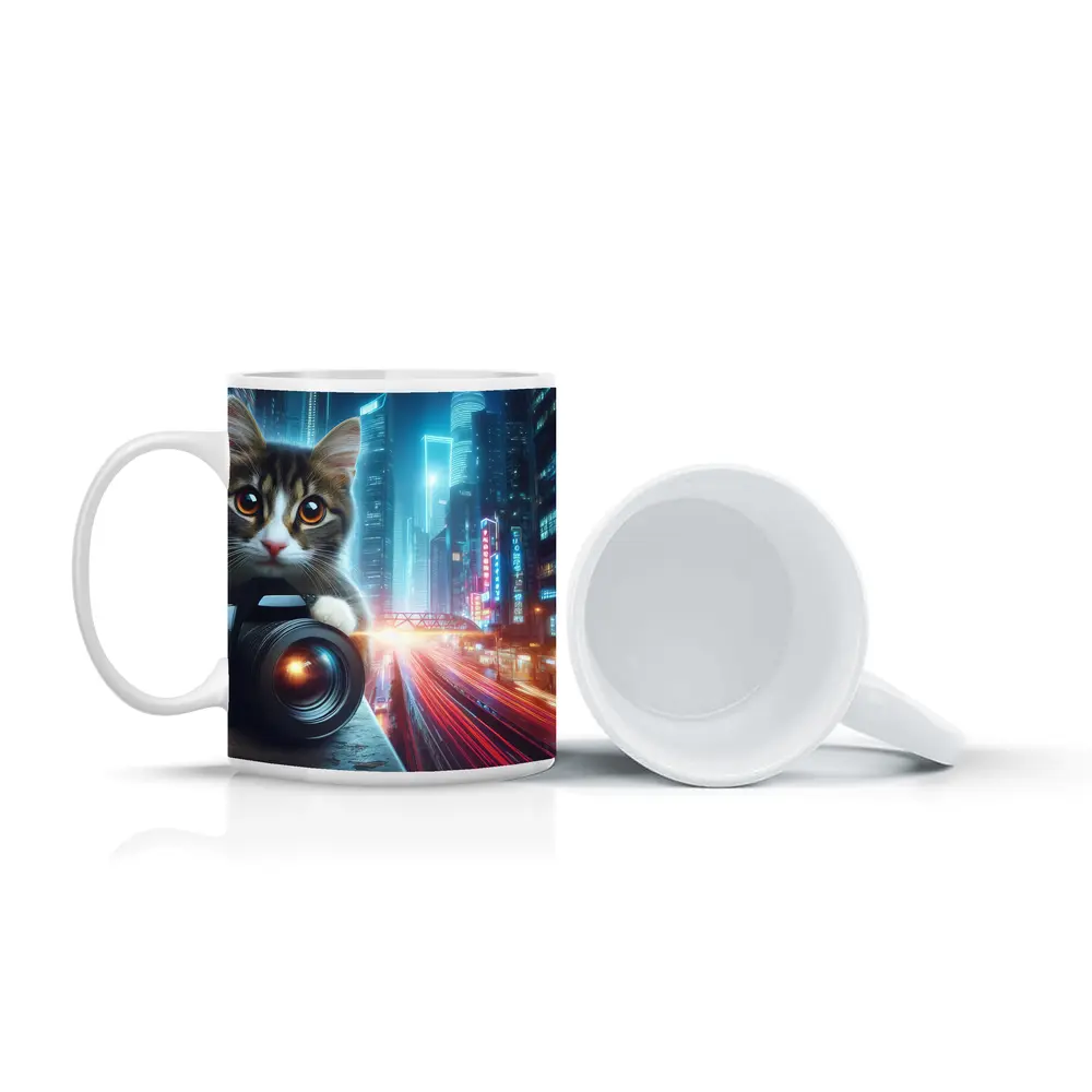 Tabby Cat Photographer Neon City Night – Mugs