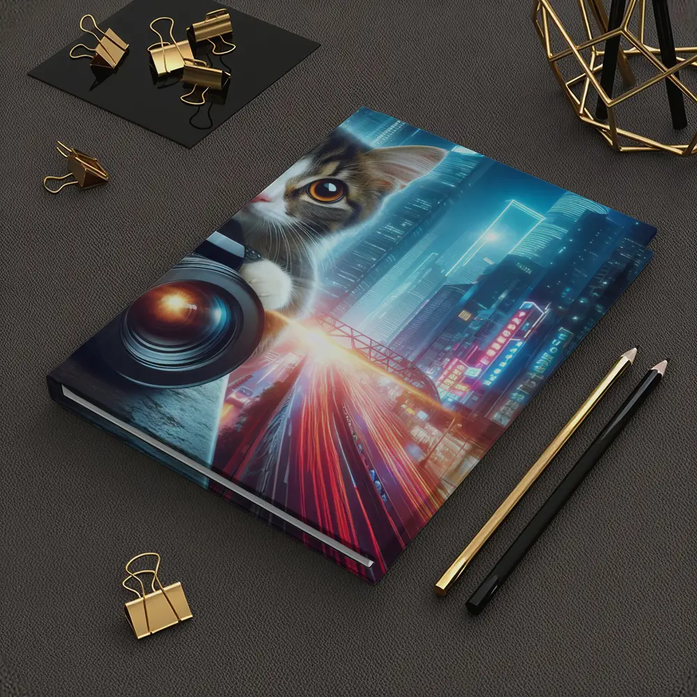 Tabby Cat Photographer Neon City Night – Notebooks
