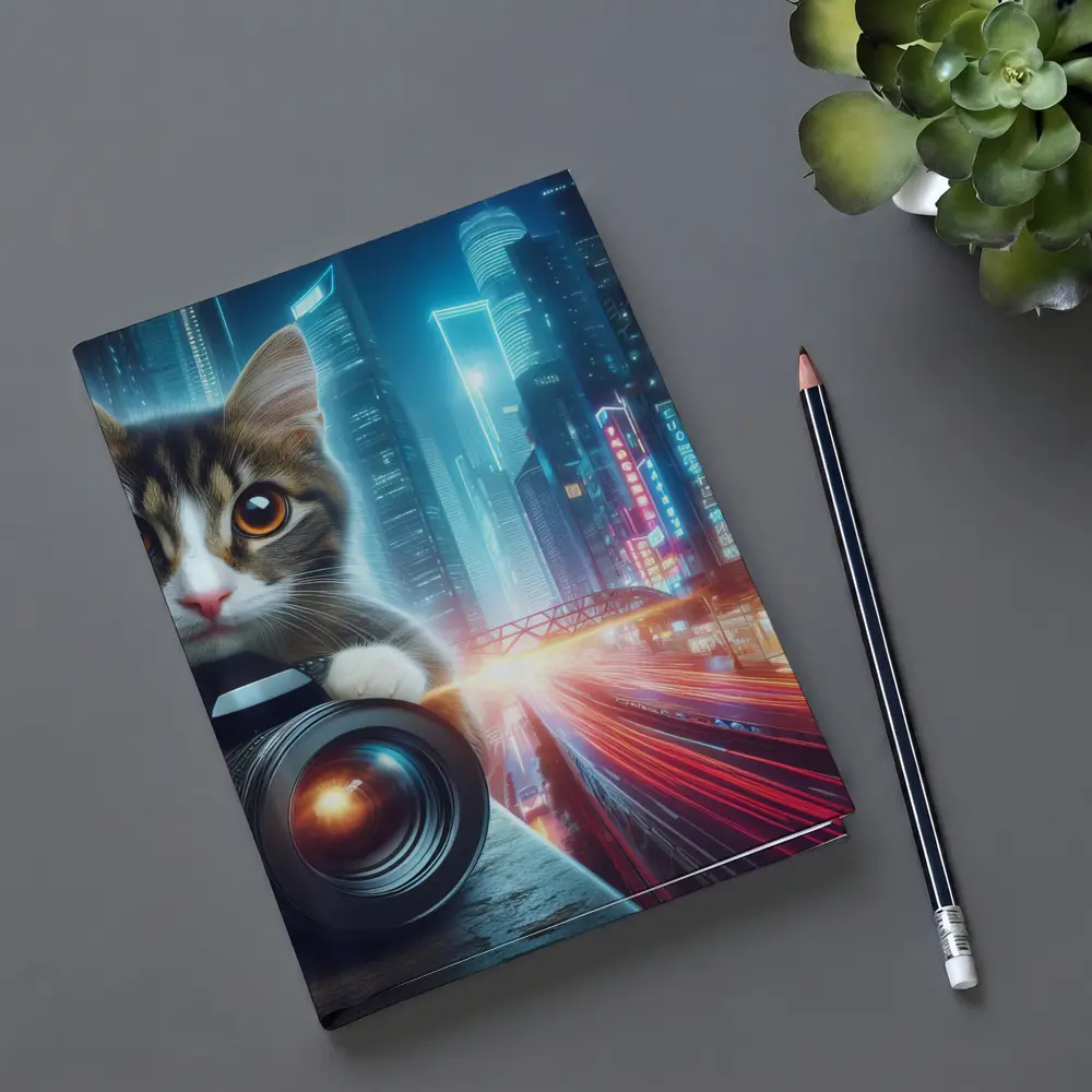 Tabby Cat Photographer Neon City Night – Notebooks