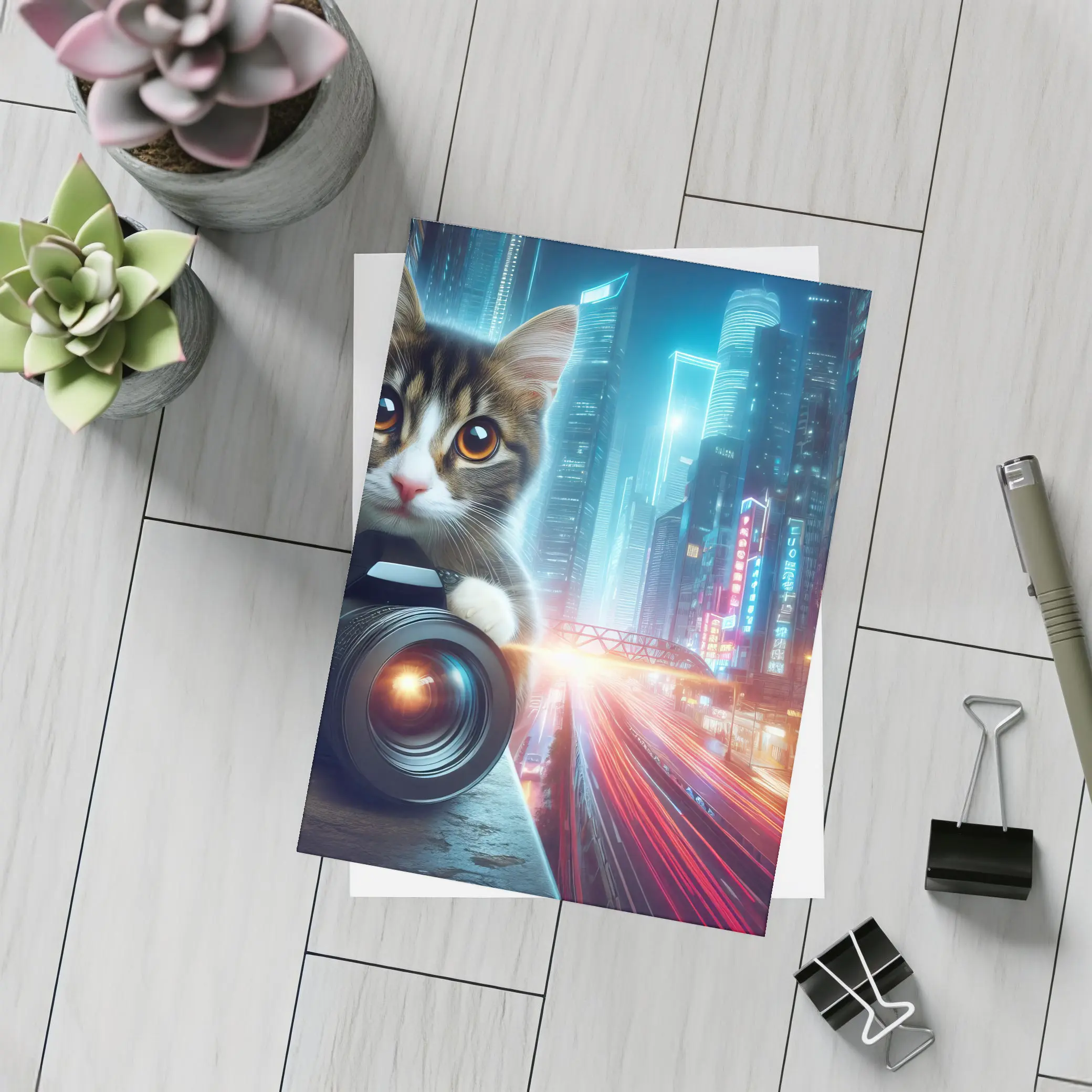 Tabby Cat Photographer Neon City Night – Postcards