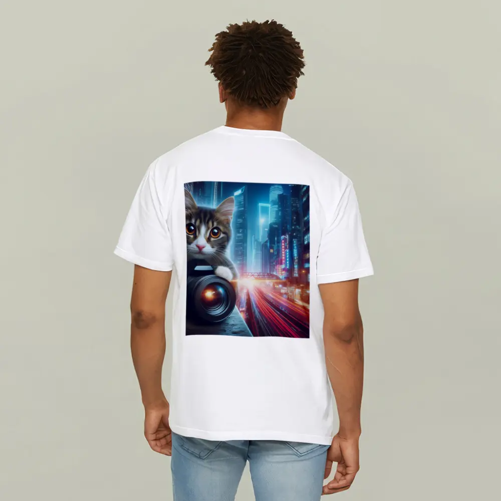 Tabby Cat Photographer Neon City Night – T-Shirts