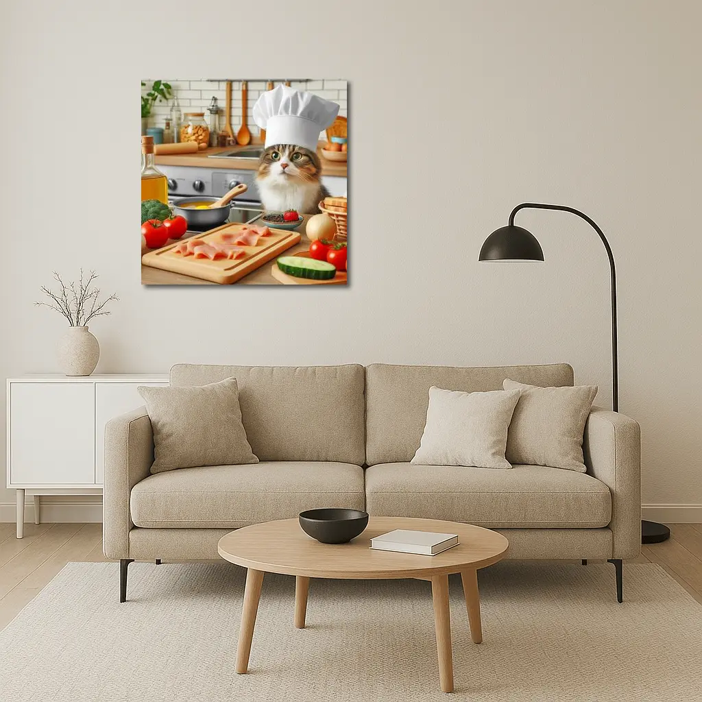 Chef Cat Cooking in Cozy Kitchen – Wall Art