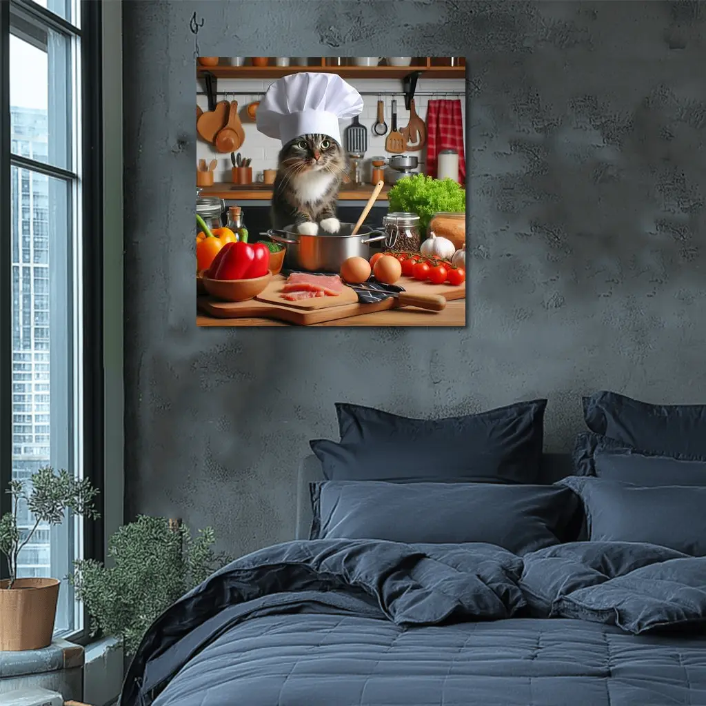 Chef Cat Cooking in Kitchen with Vegetables – Wall Art